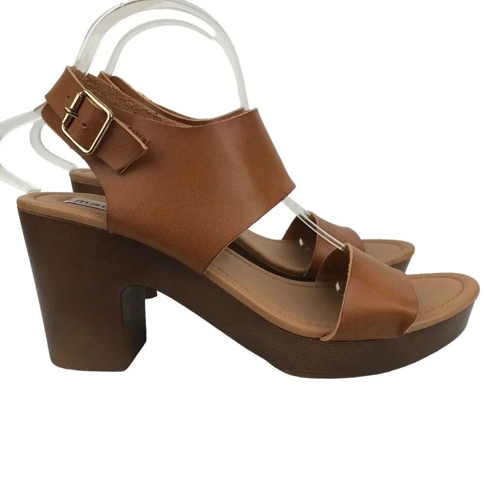 Madden Girl Platform Sandals Block Heel Brown Faux Leather Wood Look Retro Sz 10